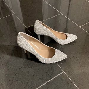 Silver Sparkly Rhinestone Glitter Diamond 3 in heels Slip On Close Toe High Heel